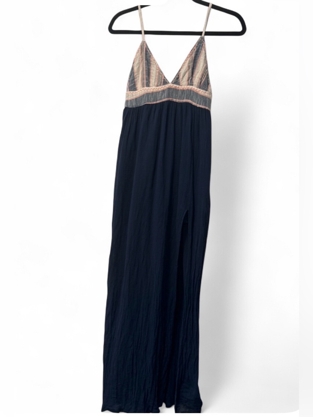 Rip Curl Boho Gauze Maxi Dress XS Navy Blue Embroidered V-Neck High Slit